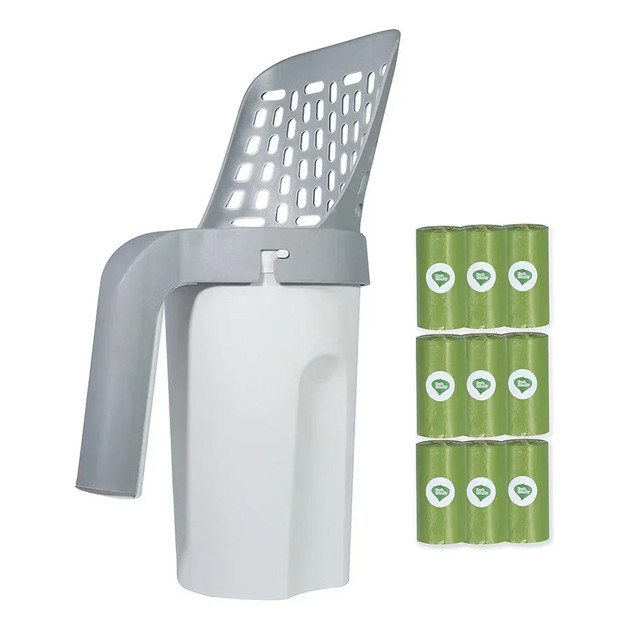 Praktieke kattenbakschep met geïntegreerde zakken 