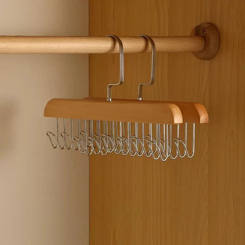 Umeraș din lemn cu multiple cârlige pentru o organizare elegantă 