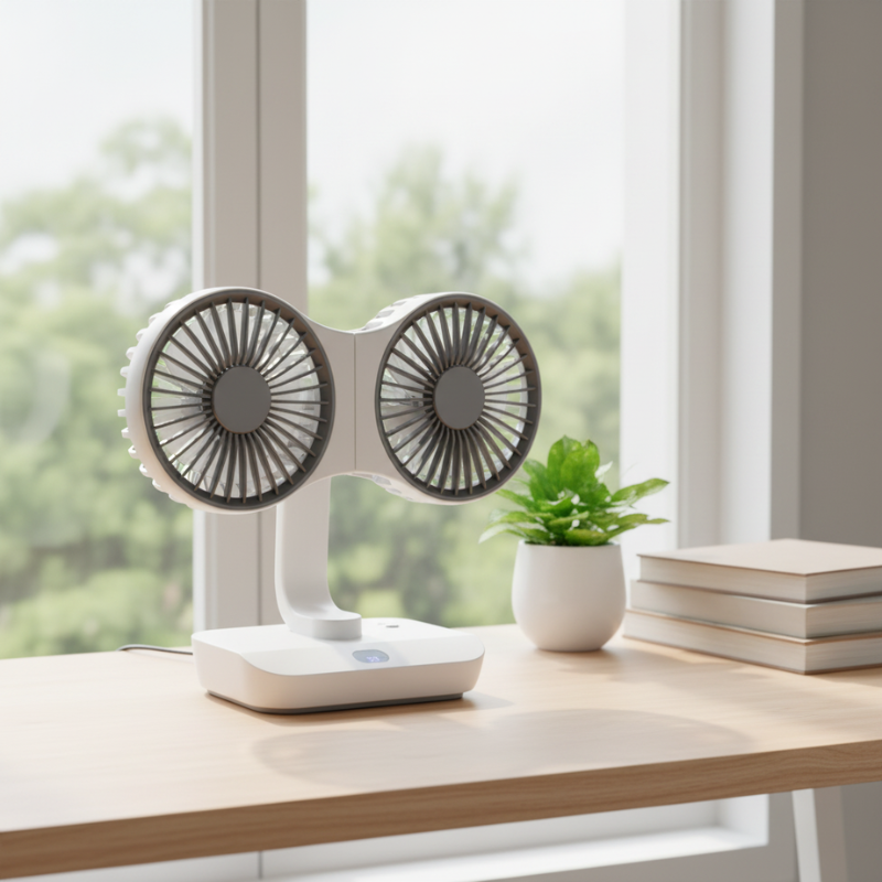 Genopladelig og justerbar dobbelthovedventilator 